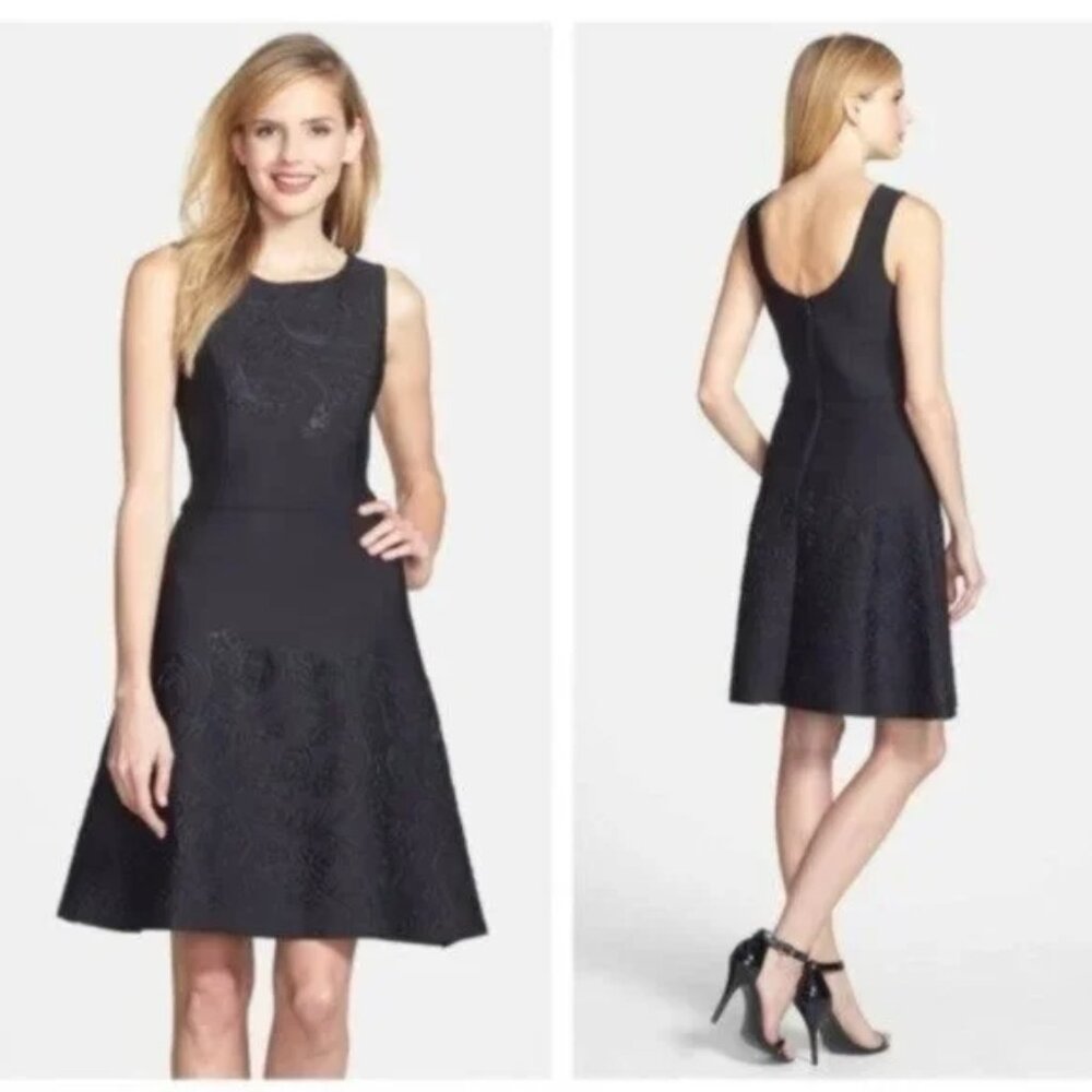 Vera Wang women 14 black embossed scuba dress fit and flare sleeveless